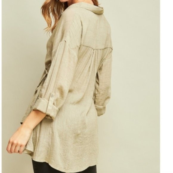 📦Olivia Olive Green Peplum Button Up Linen Blouse - Picture 5 of 6